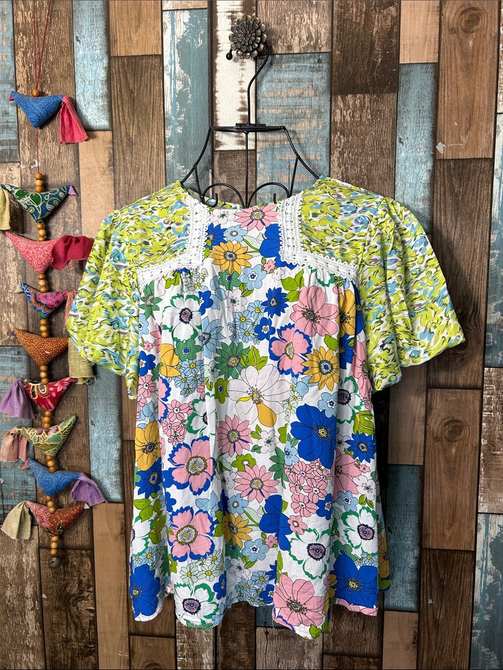 Boho Floral Patchwork Short Sleeve Tunic - Pink Blue Green